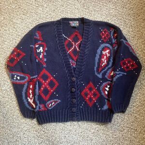 Vintage Paris Sports Club Cardigan Size S Americana Paisley Red White Blue USA